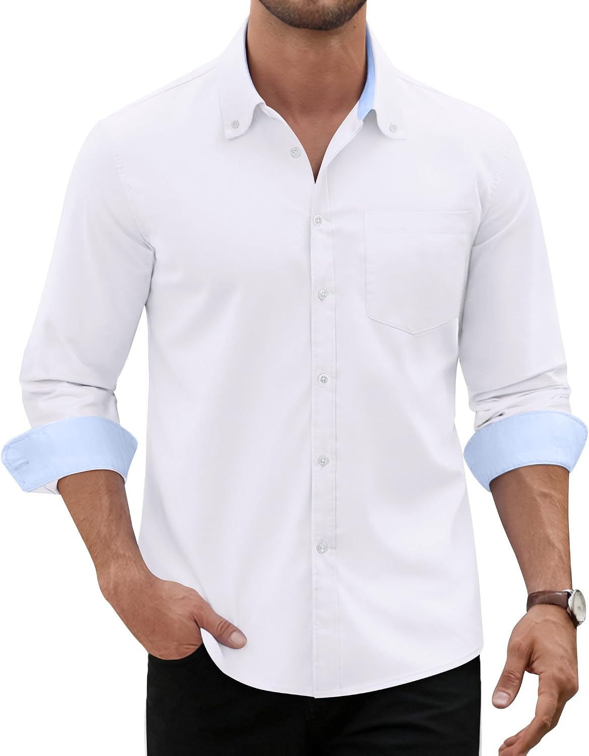 Men's Oxford Stretch Shirt Casual Long Sleeve Button Down Dress Shirt White