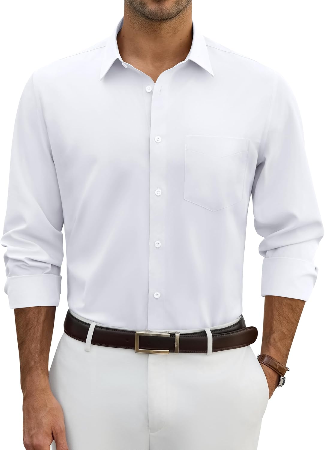Alimens & Gentle Mens Dress Shirts Wrinkle Free Long Sleeve Stretch Button Down Shirt for Business Casual Wedding White