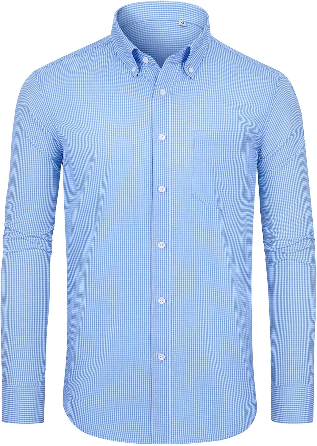 Alimens & Gentle Mens Long Sleeve Button Down Shirts Stretch Regular Fit Dress Shirts Casual Work Gingham Shirts with Pocket Light Blue Plaid