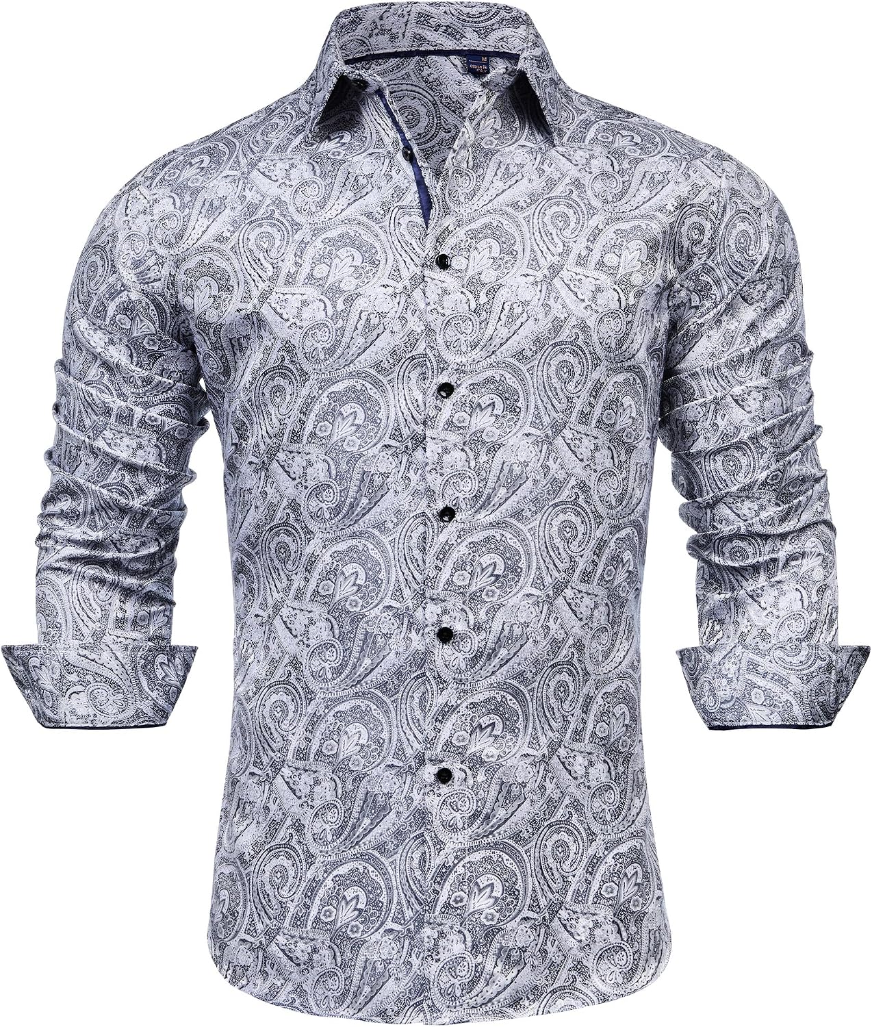 Mens Paisley Dress Shirt Long Sleeve Button Down Floral Shirt Party Wedding Silver