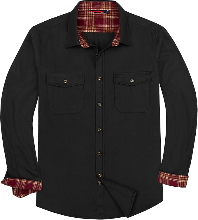 Alimens & Gentle Men's Solid Flannel Shirts 100% Cotton Long Sleeve Shirt Black