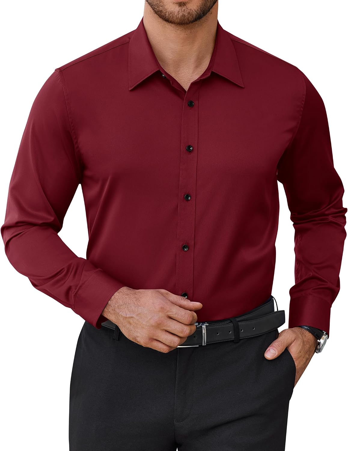 Mens Dress Shirts Odor Resistant Long Sleeve Button Down Shirt, Stretchy Burgundy