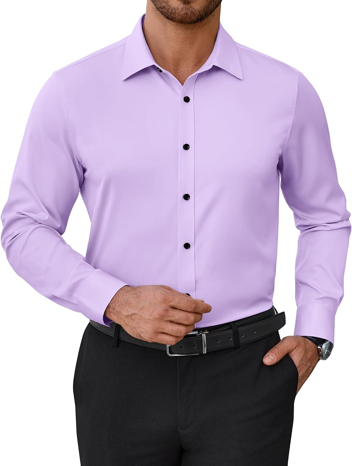 Mens Dress Shirts Odor Resistant Long Sleeve Button Down Shirt, Stretchy Lavender