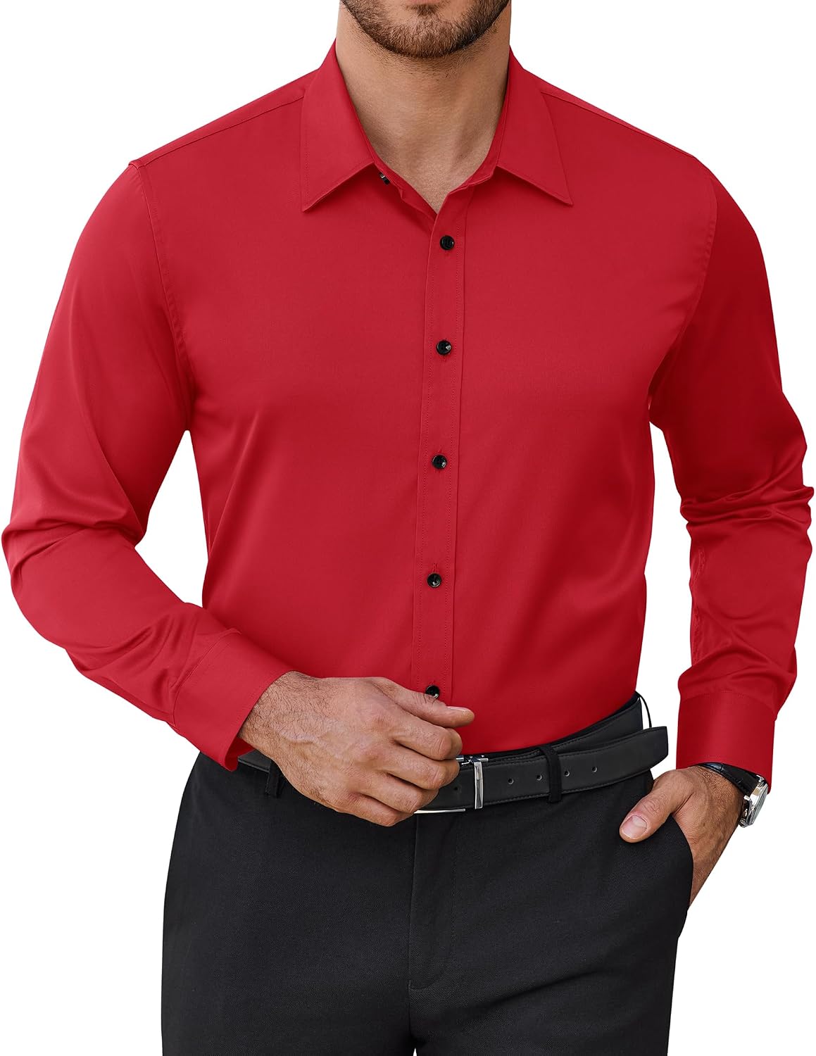 Mens Dress Shirts Odor Resistant Long Sleeve Button Down Shirt, Stretchy Red