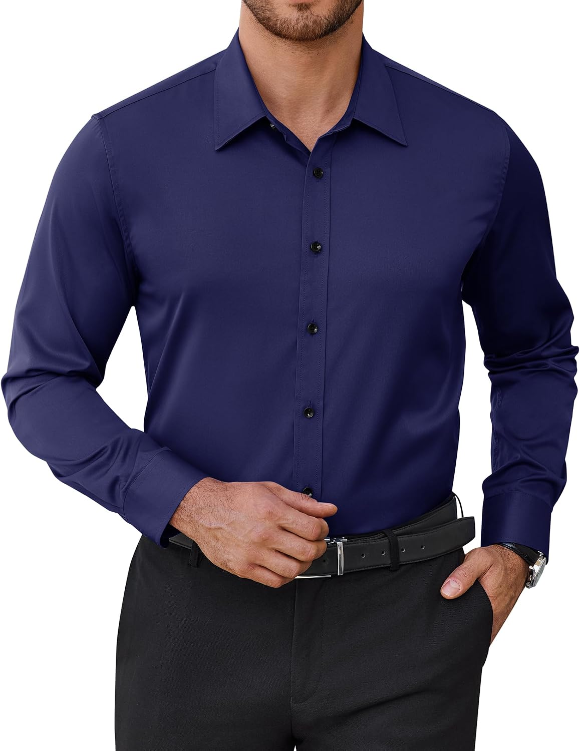Mens Dress Shirts Odor Resistant Long Sleeve Button Down Shirt, Stretchy Navy Blue
