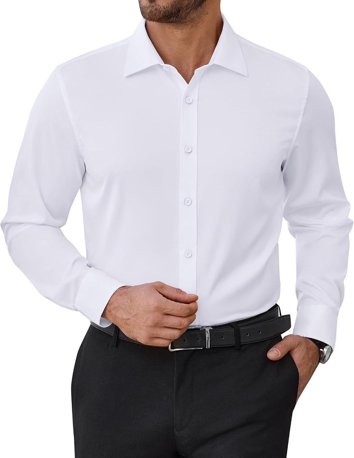 Mens Dress Shirts Odor Resistant Long Sleeve Button Down Shirt, Stretchy Classic White