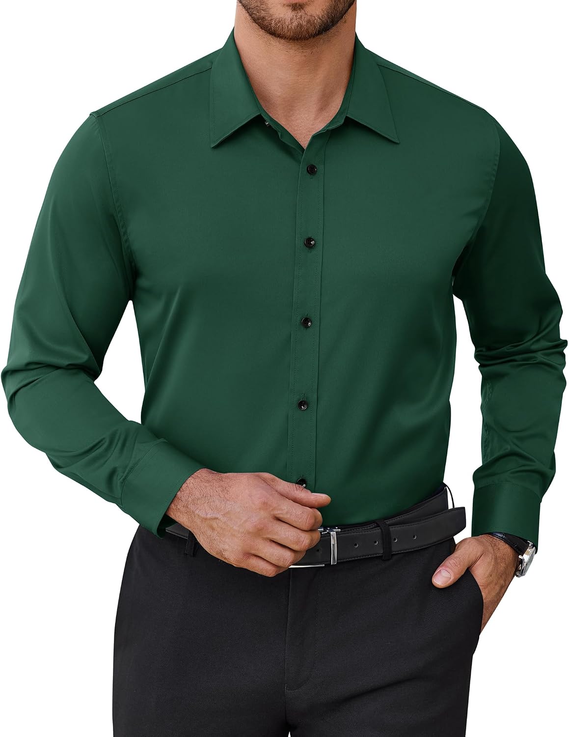 Mens Dress Shirts Odor Resistant Long Sleeve Button Down Shirt, Stretchy Dark Green