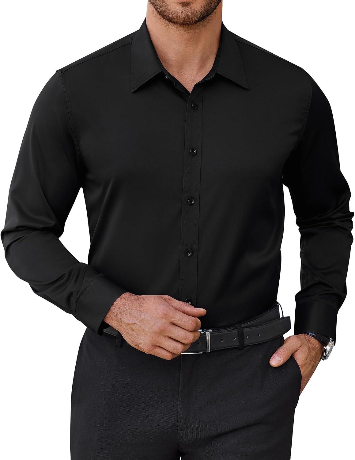 Mens Dress Shirts Odor Resistant Long Sleeve Button Down Shirt, Stretchy Black