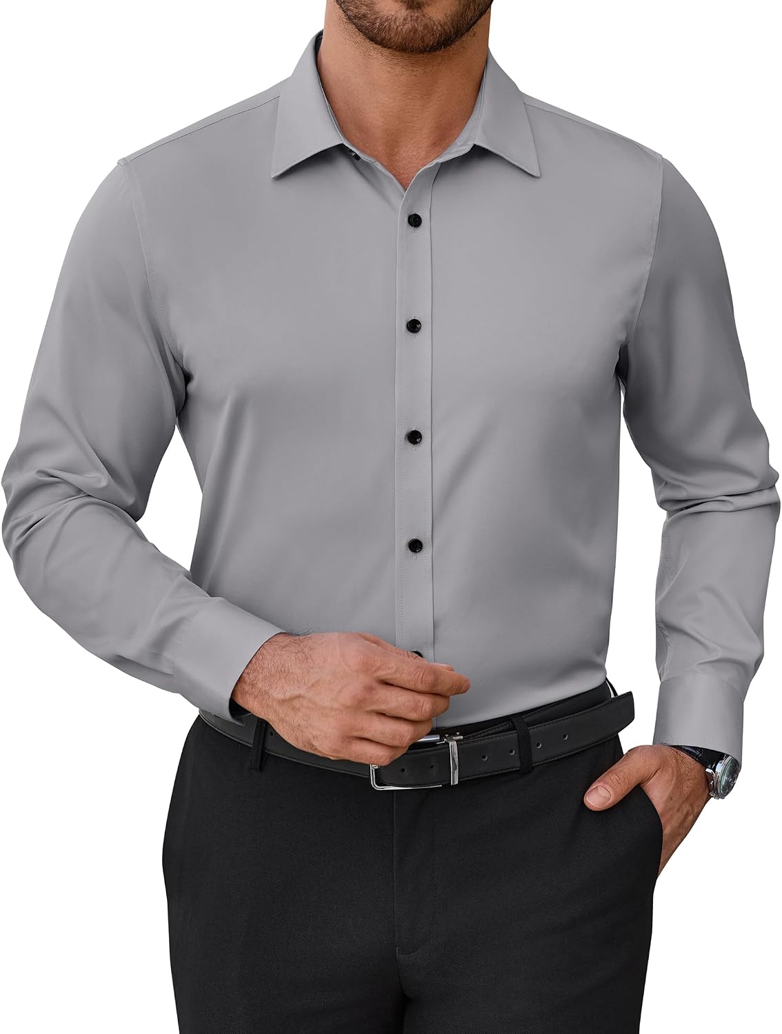 Mens Dress Shirts Odor Resistant Long Sleeve Button Down Shirt, Stretchy Grey