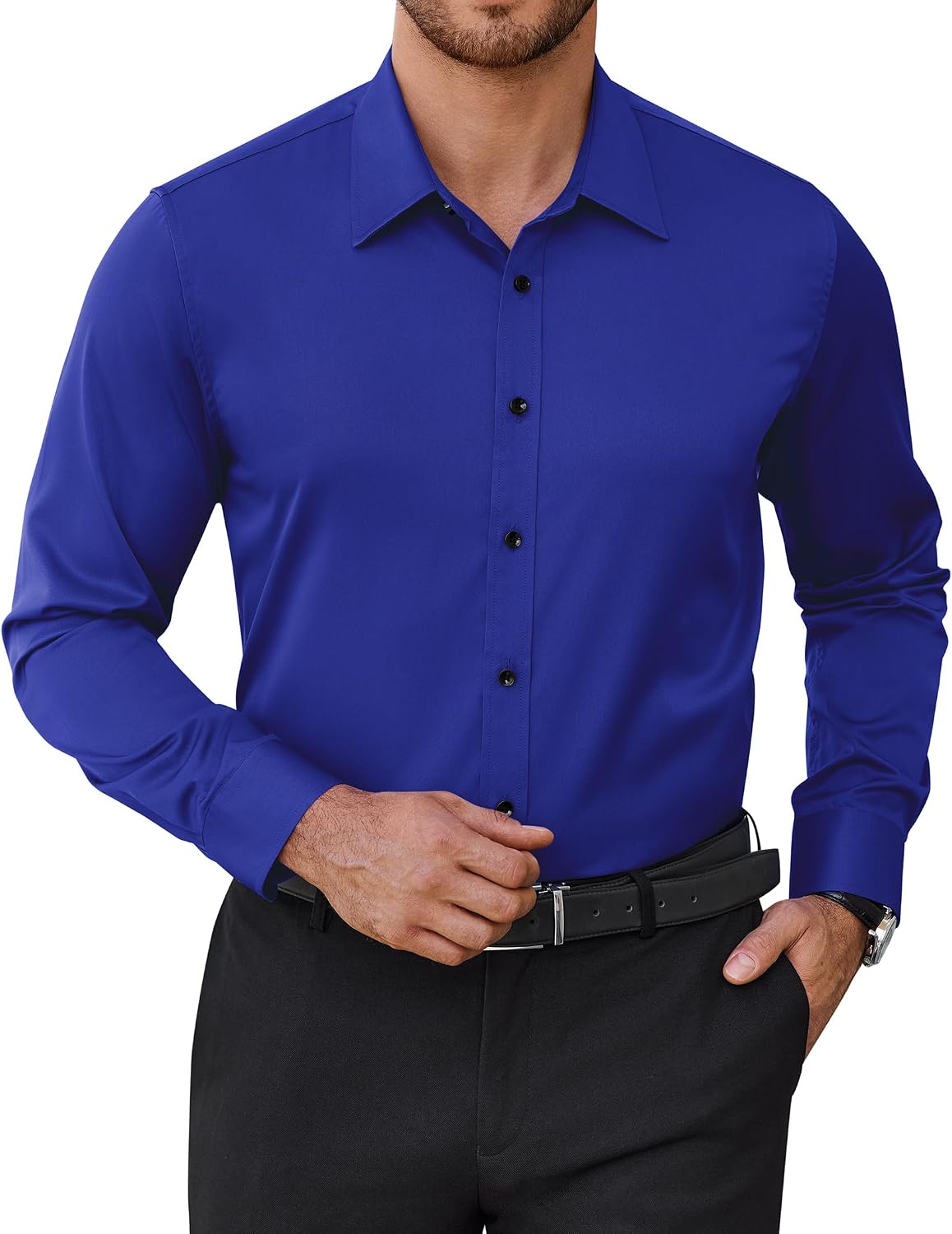 Mens Dress Shirts Odor Resistant Long Sleeve Button Down Shirt, Stretchy Royal Blue