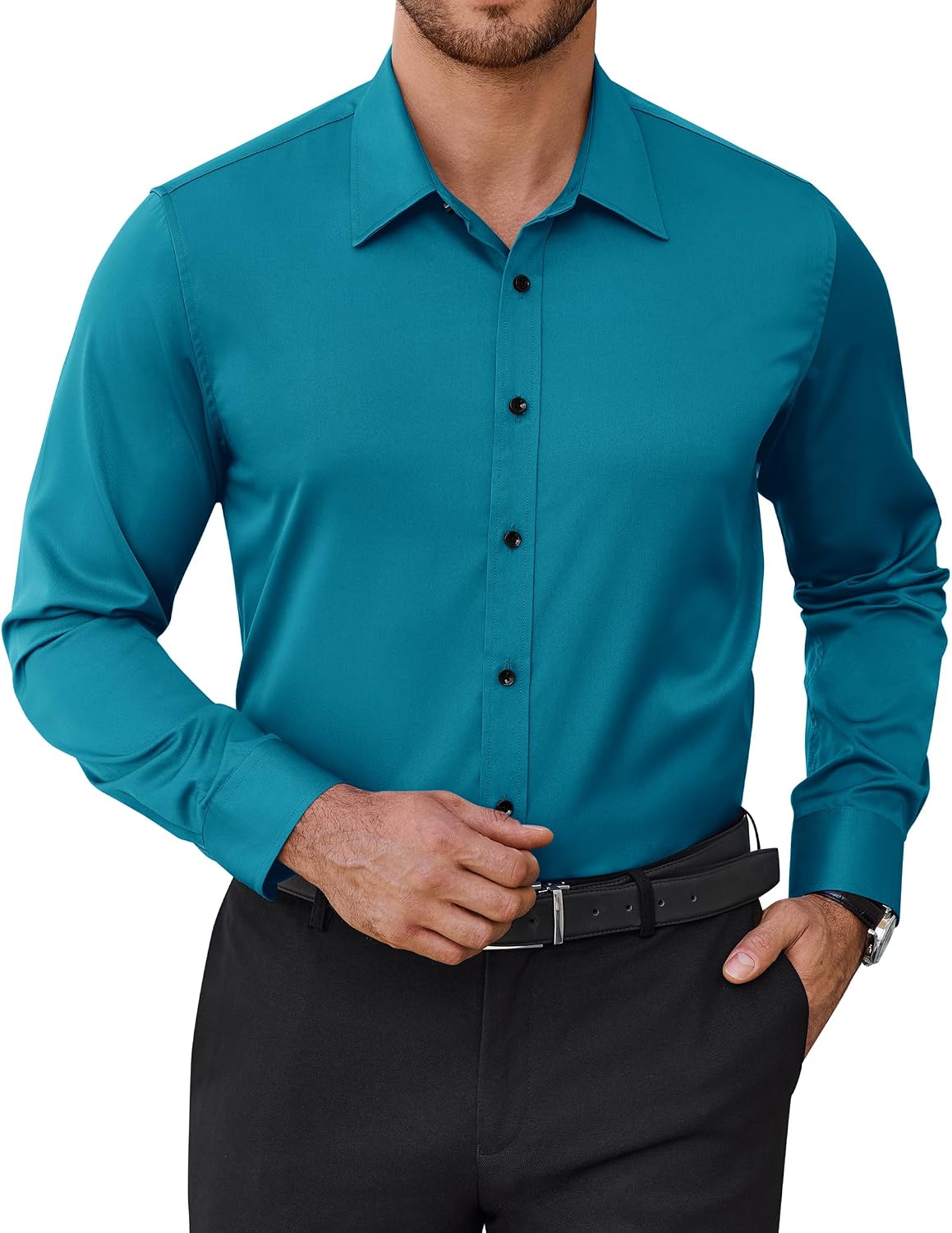 Mens Dress Shirts Odor Resistant Long Sleeve Button Down Shirt, Stretchy Teal