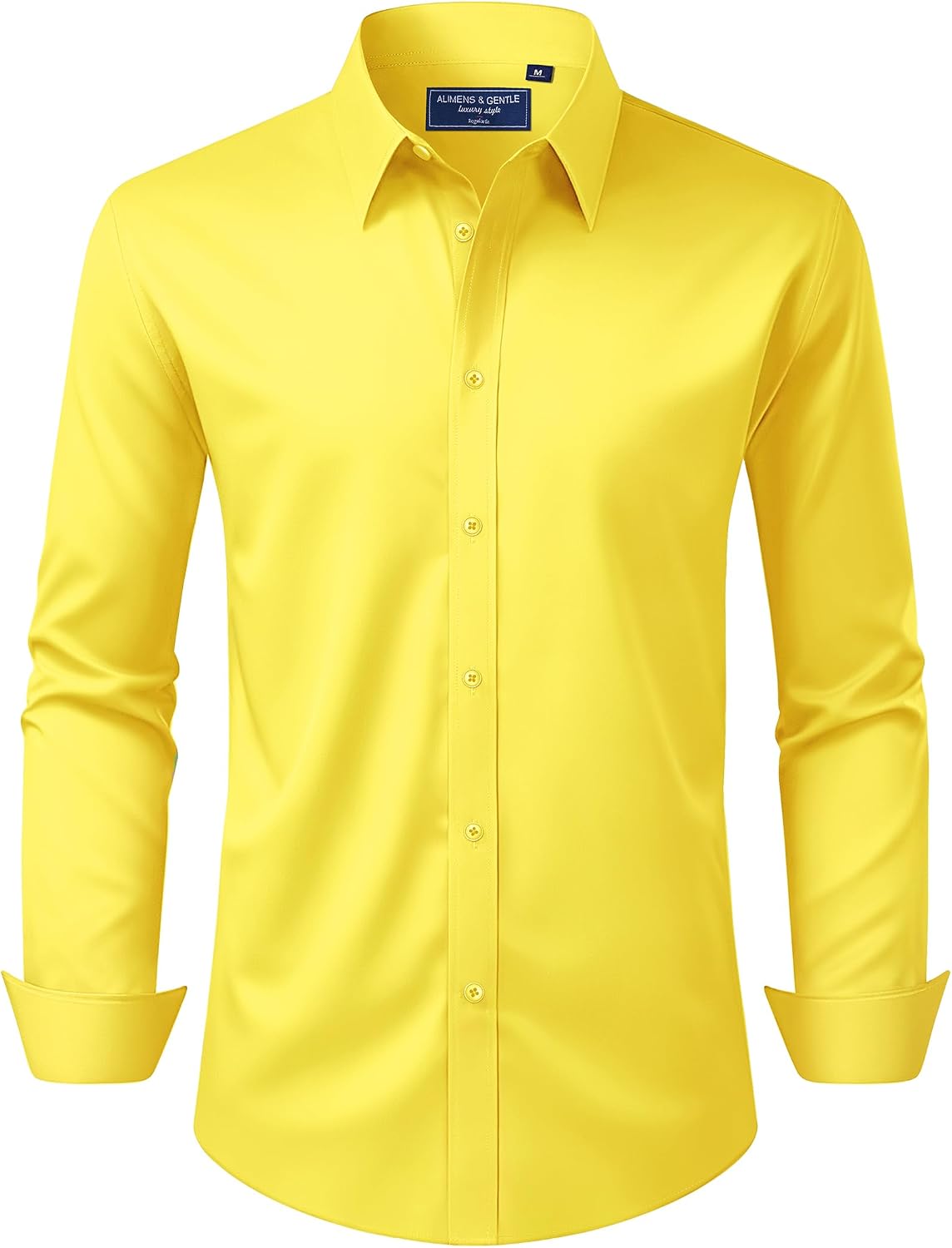 Alimens & Gentle Men's Dress Shirt Regular Fit Stretch Stain Shield Long Sleeve Solid Business Wedding Button Down Shirts Bright Yellow