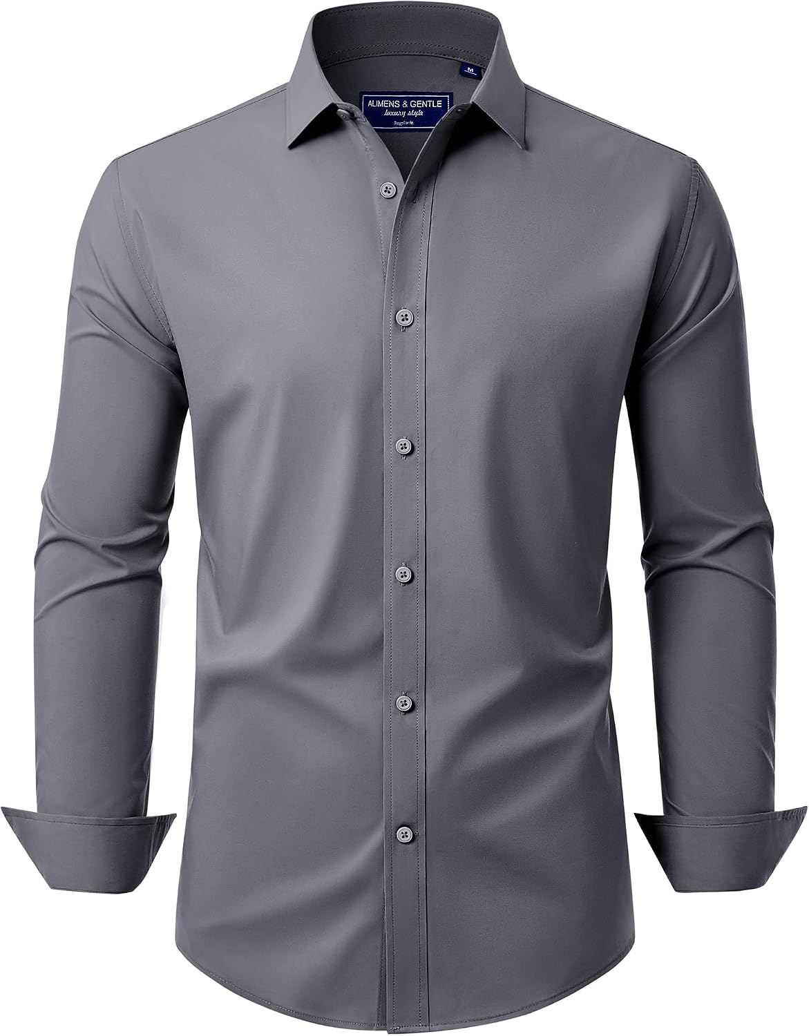 Alimens & Gentle Men's Dress Shirt Regular Fit Stretch Stain Shield Long Sleeve Solid Business Wedding Button Down Shirts Dark Grey