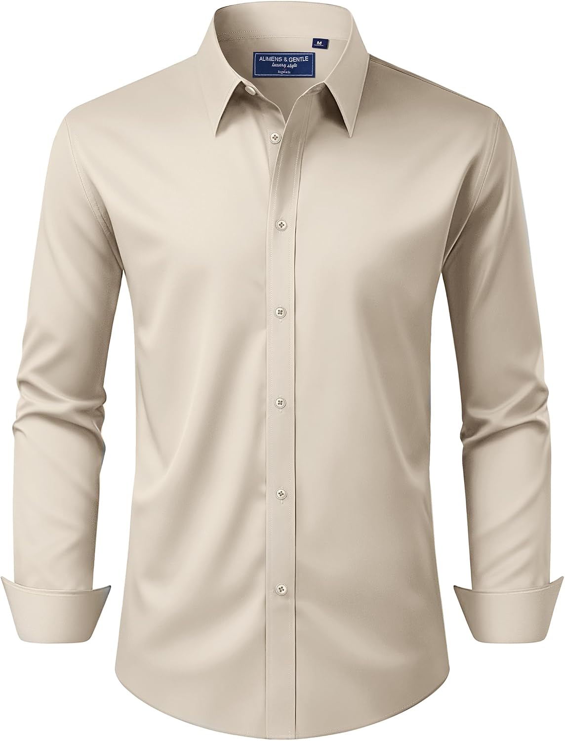 Alimens & Gentle Men's Dress Shirt Regular Fit Stretch Stain Shield Long Sleeve Solid Business Wedding Button Down Shirts Tan