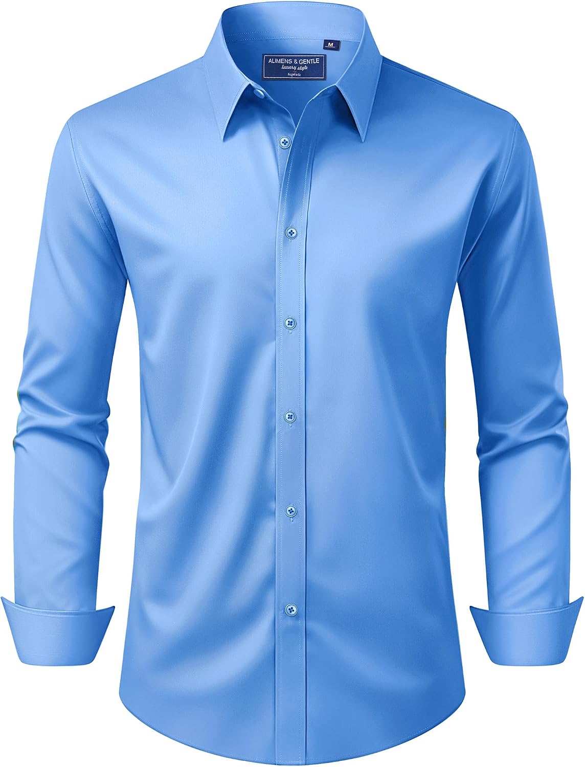 Alimens & Gentle Men's Dress Shirt Regular Fit Stretch Stain Shield Long Sleeve Solid Business Wedding Button Down Shirts Classic Blue