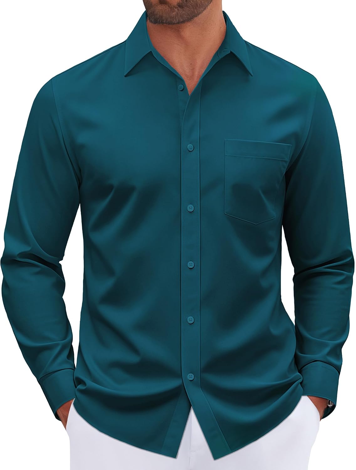 Mens Dress Shirt Long Sleeve Wrinkle Free Stretch Button Down Shirt Peacock Blue