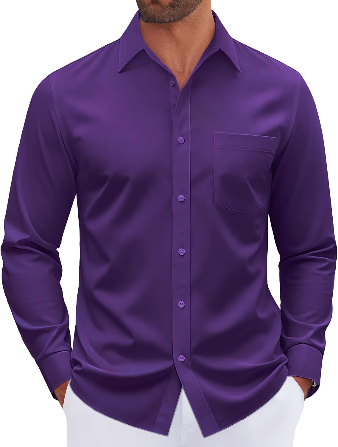 Mens Dress Shirt Long Sleeve Wrinkle Free Stretch Button Down Shirt Purple