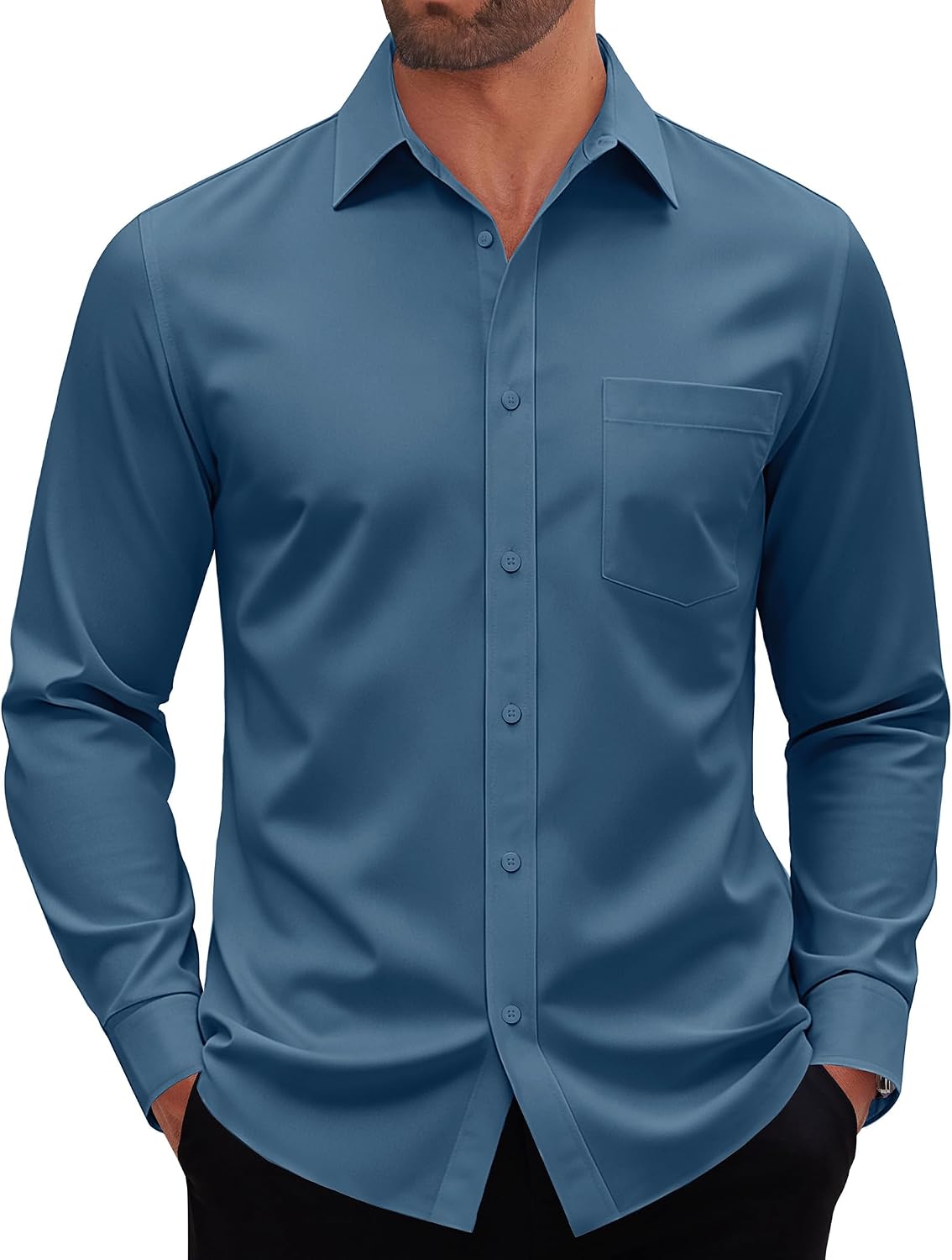 Mens Dress Shirt Long Sleeve Wrinkle Free Stretch Button Down Shirt Denim Blue