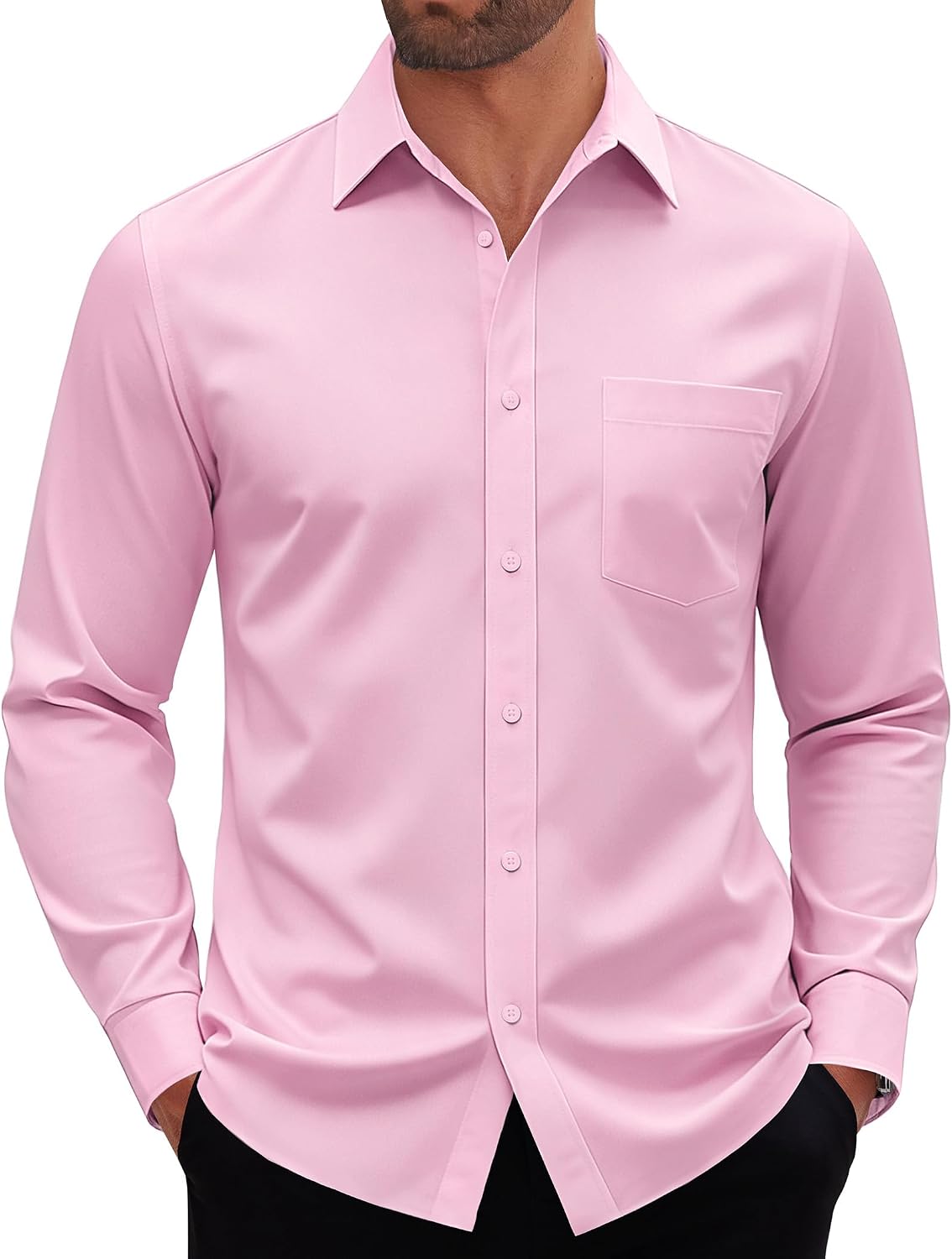 Mens Dress Shirt Long Sleeve Wrinkle Free Stretch Button Down Shirt Pink
