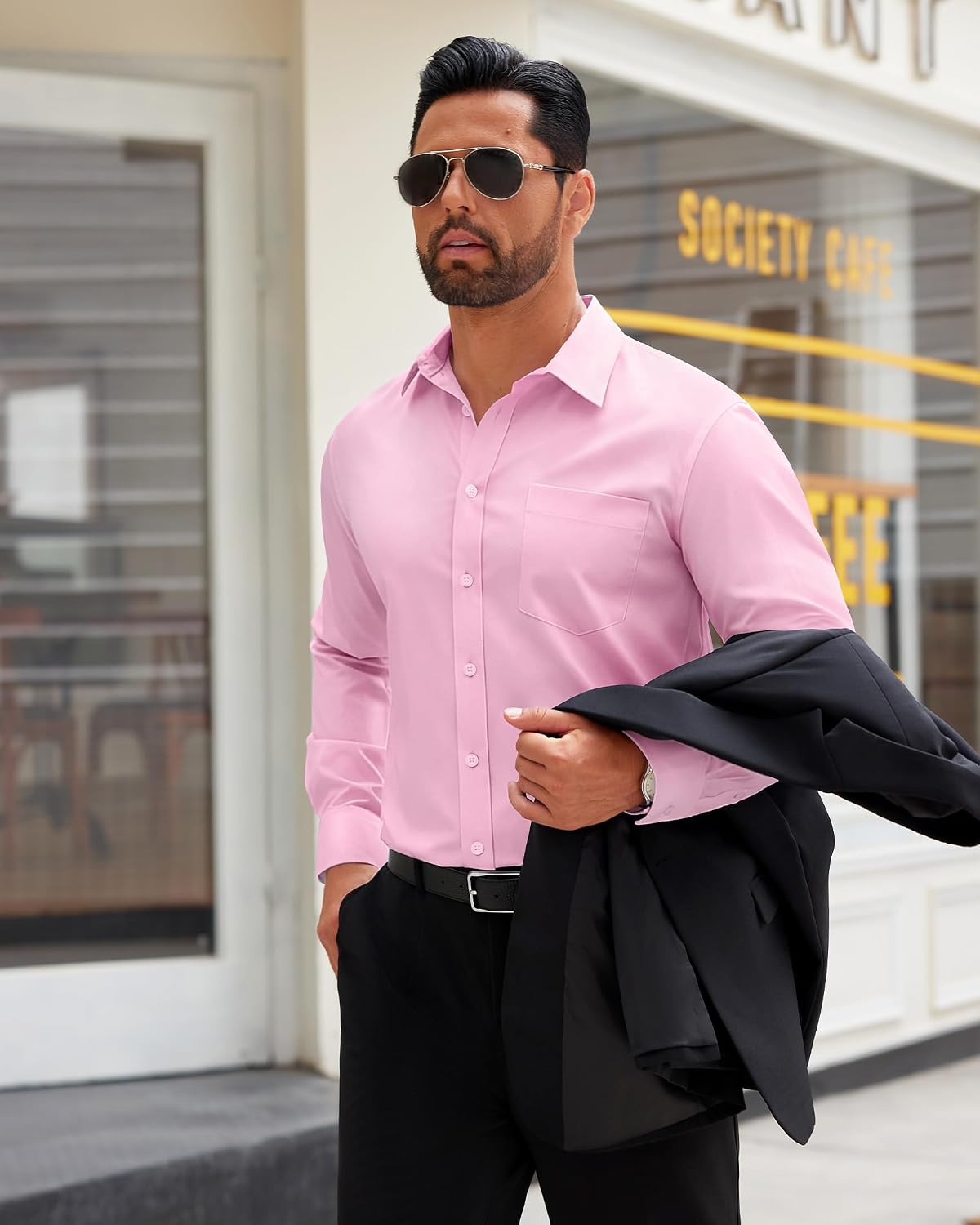 Mens Dress Shirt Long Sleeve Wrinkle Free Stretch Button Down Shirt Pink