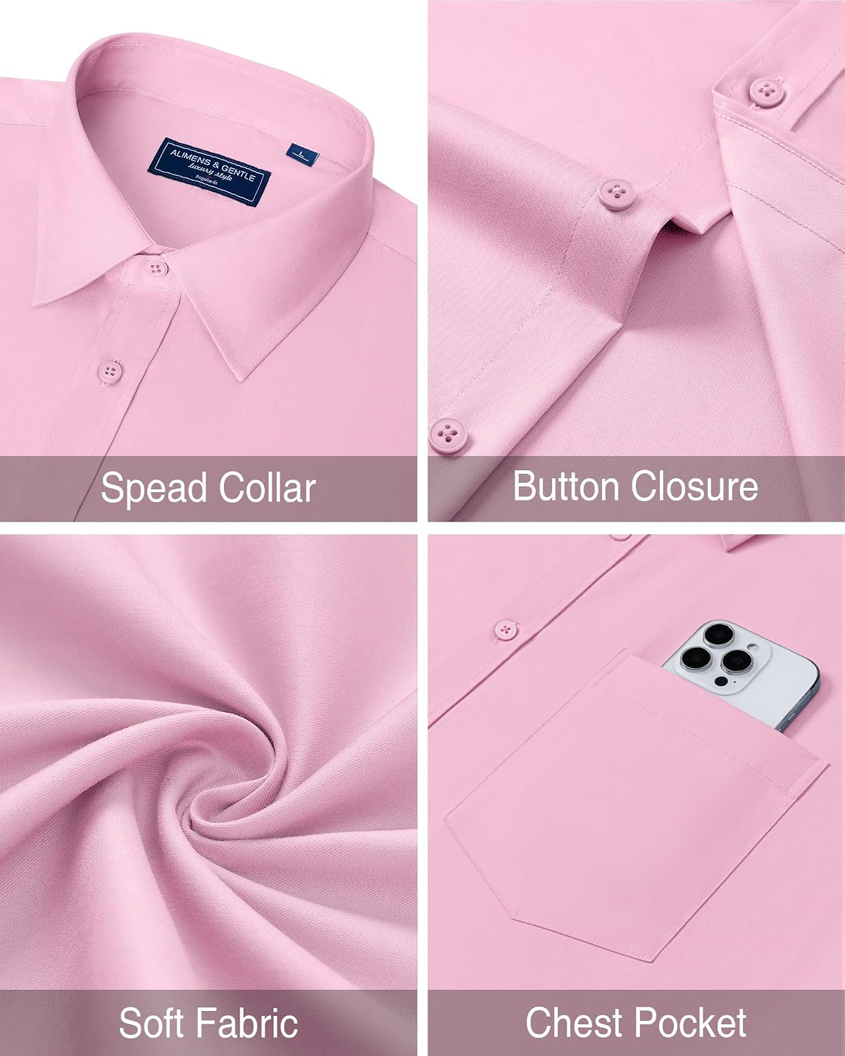 Mens Dress Shirt Long Sleeve Wrinkle Free Stretch Button Down Shirt Pink