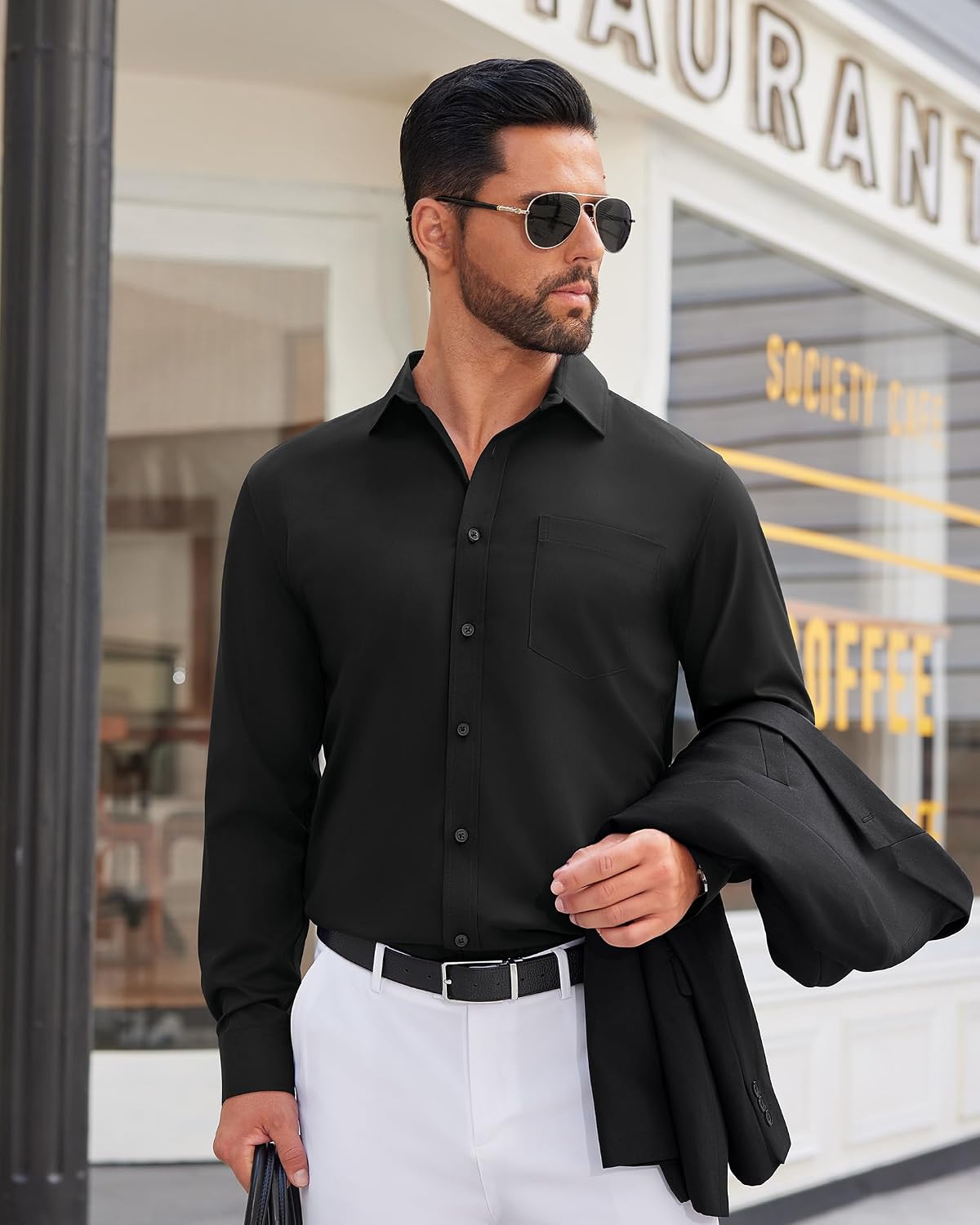 Mens Dress Shirt Long Sleeve Wrinkle Free Stretch Button Down Shirt Black