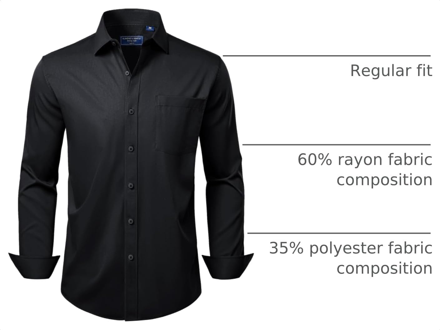 Mens Dress Shirt Long Sleeve Wrinkle Free Stretch Button Down Shirt Black