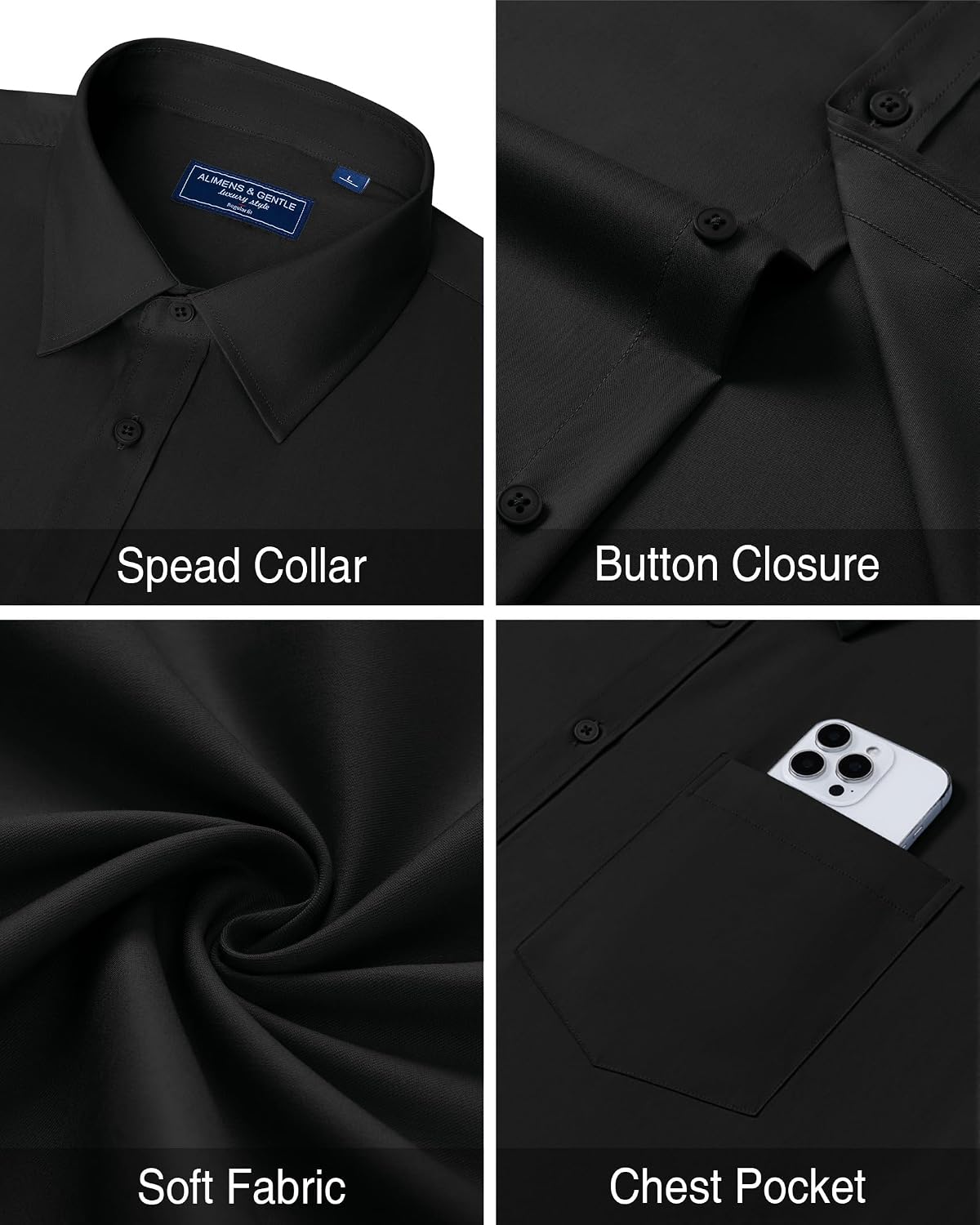 Mens Dress Shirt Long Sleeve Wrinkle Free Stretch Button Down Shirt Black