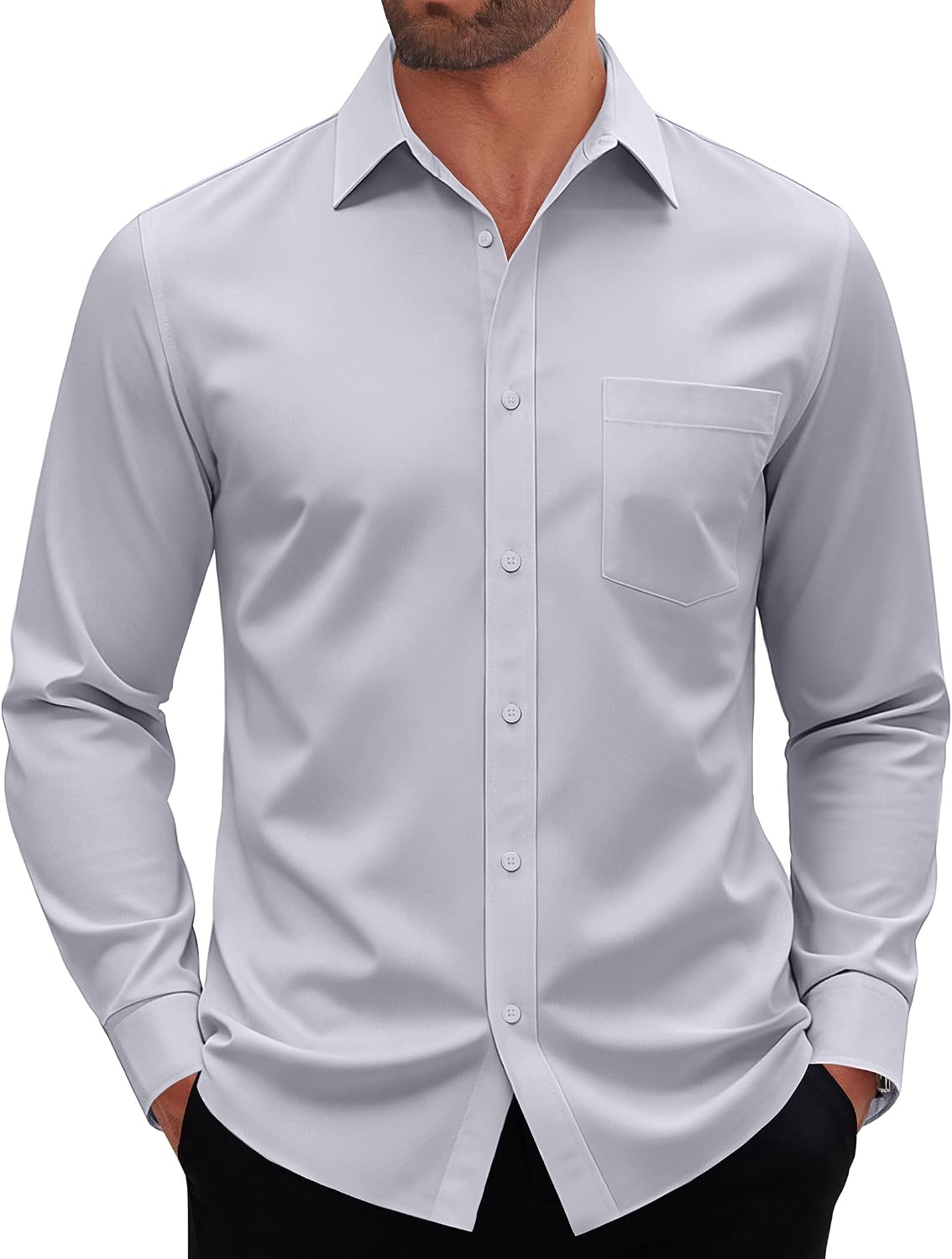 Mens Dress Shirt Long Sleeve Wrinkle Free Stretch Button Down Shirt Light Grey