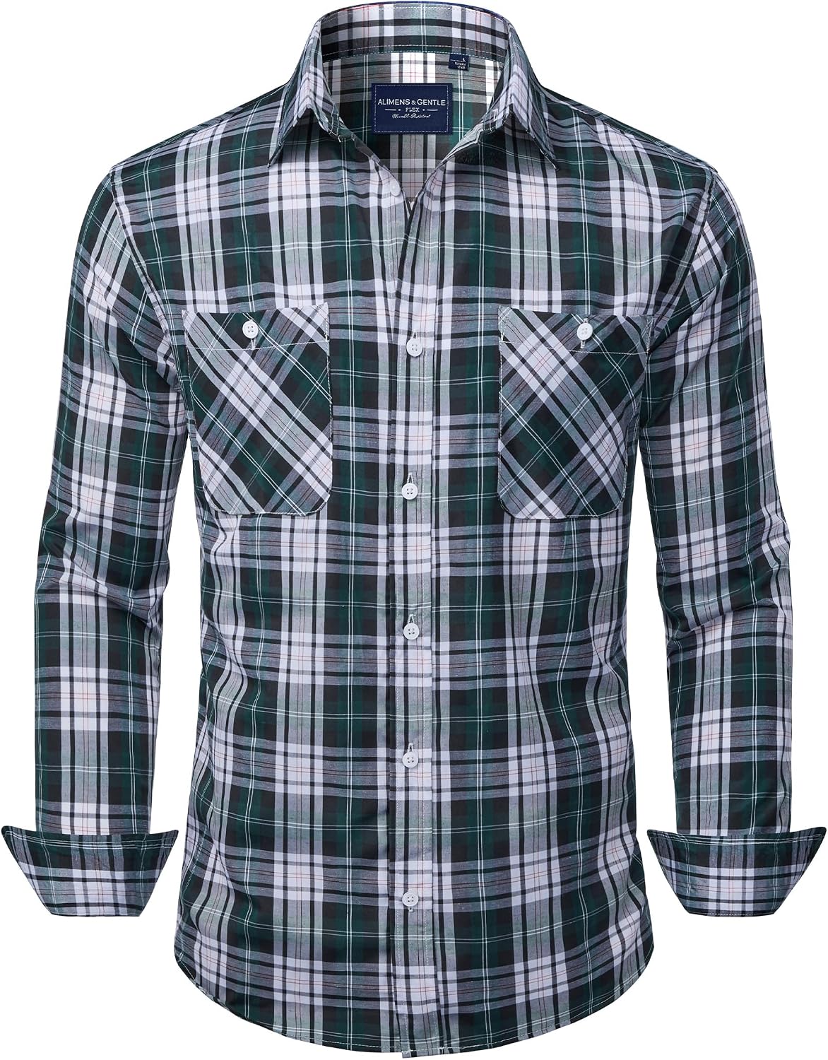 Alimens & Gentle Mens Long Sleeve Dress Shirt Button Down Shirts with Pockets Regular Business Office Casual Plaid Shirt Black Green Grey Plaid