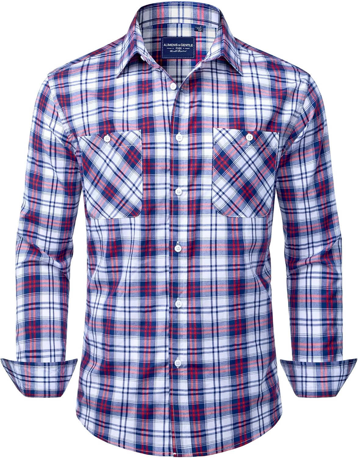 Alimens & Gentle Mens Long Sleeve Dress Shirt Button Down Shirts with Pockets Regular Business Office Casual Plaid Shirt Red Blue Plaid