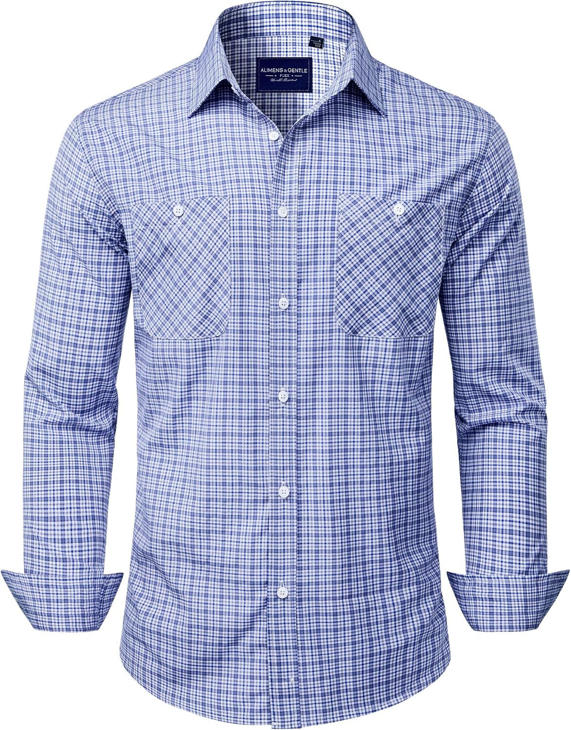 Alimens & Gentle Mens Long Sleeve Dress Shirt Button Down Shirts with Pockets Regular Business Office Casual Plaid Shirt Blue White Gingham