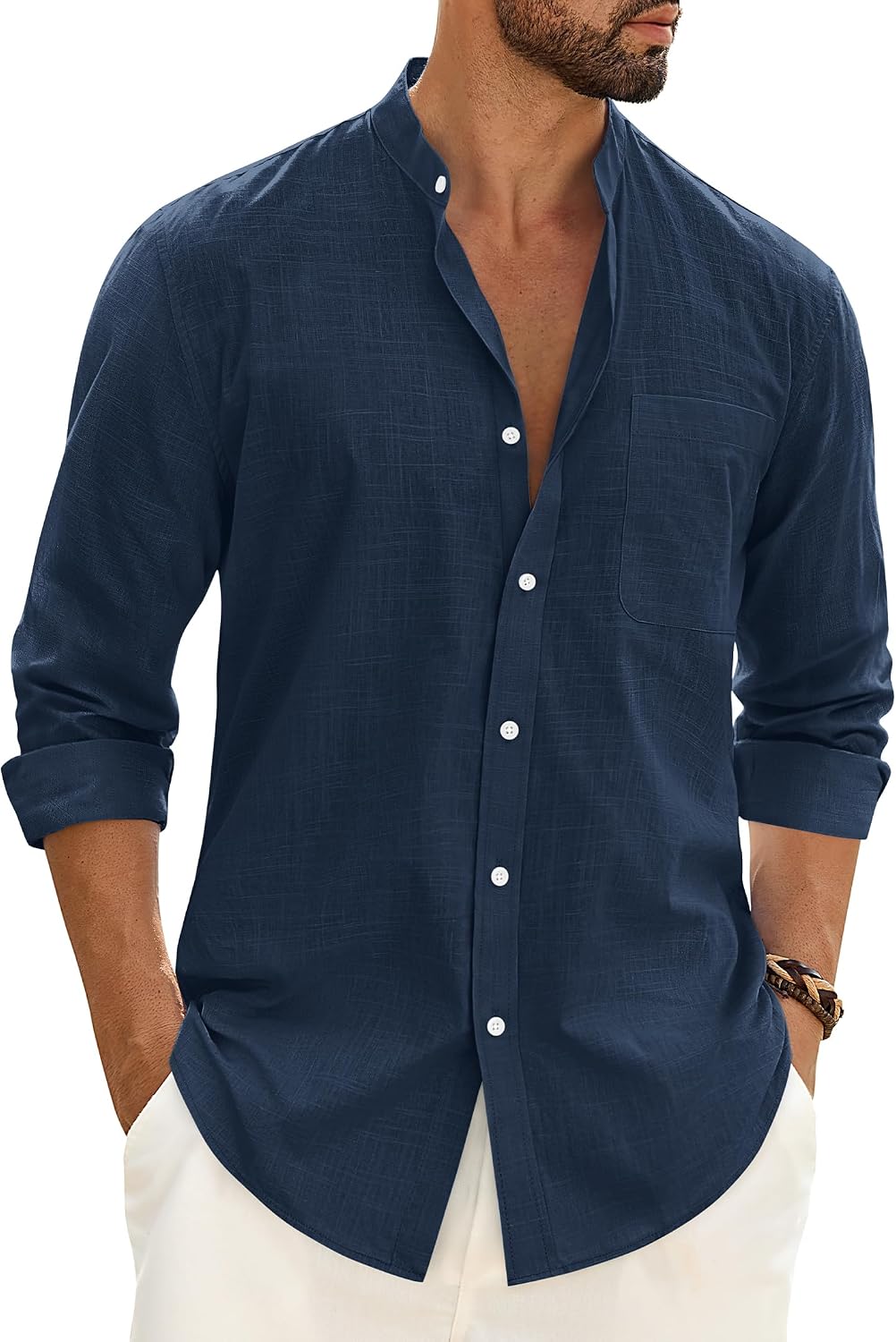 Alimens & Gentle Men's Cotton Linen Shirts Long Sleeve Button Down Shirt Band Collar Beach Shirts Navy Blue