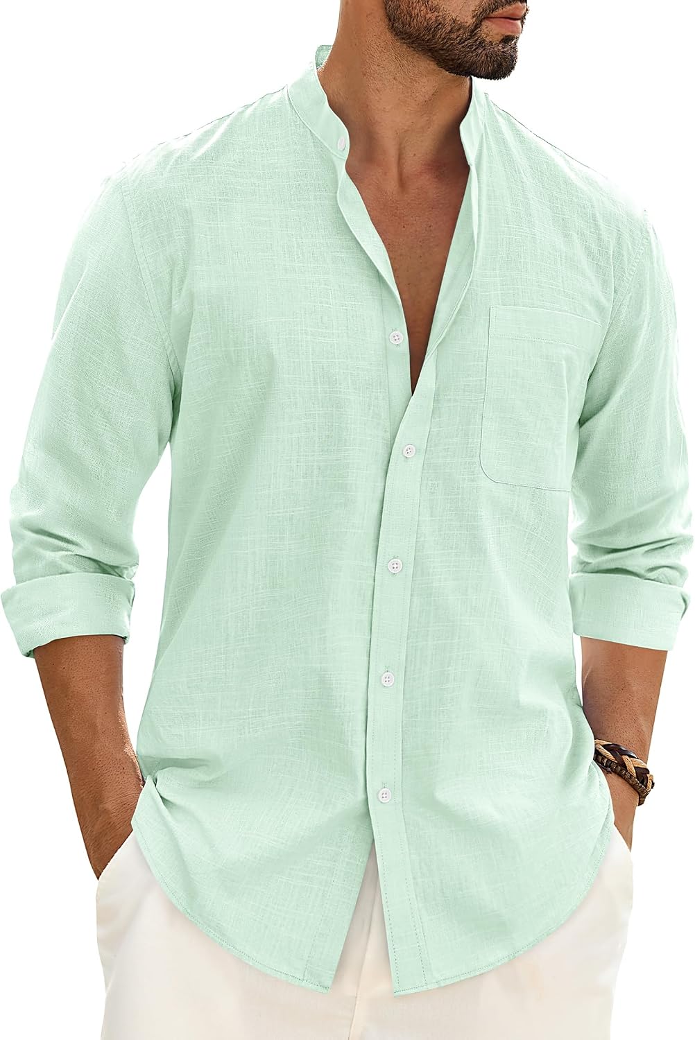 Alimens & Gentle Men's Cotton Linen Shirts Long Sleeve Button Down Shirt Band Collar Beach Shirts Mint