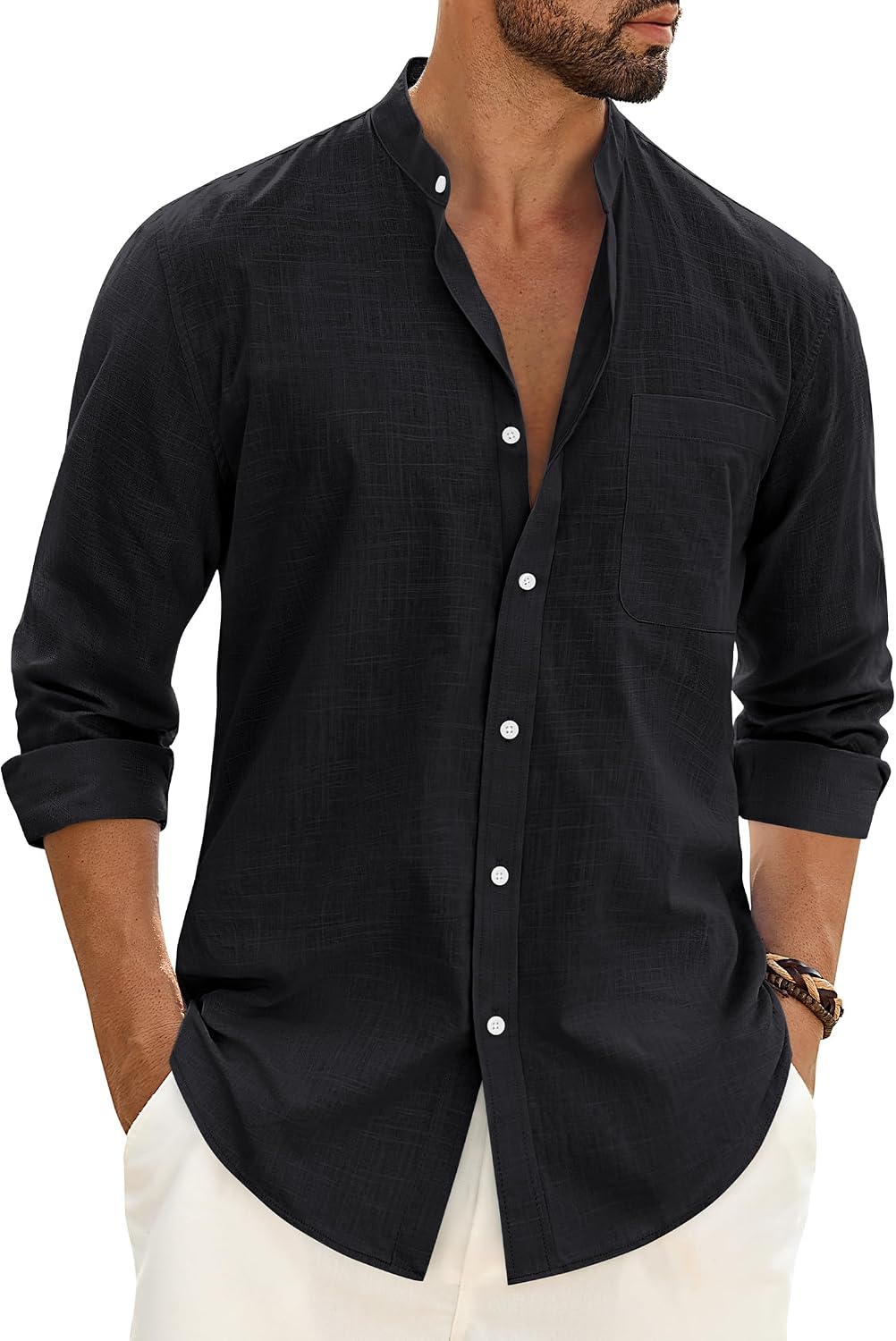 Alimens & Gentle Men's Cotton Linen Shirts Long Sleeve Button Down Shirt Band Collar Beach Shirts Black