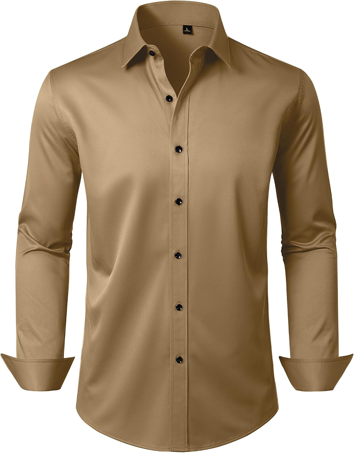 Mens Dress Shirt Long Sleeve Wrinkle Free Stretch Button Down Shirts Khaki