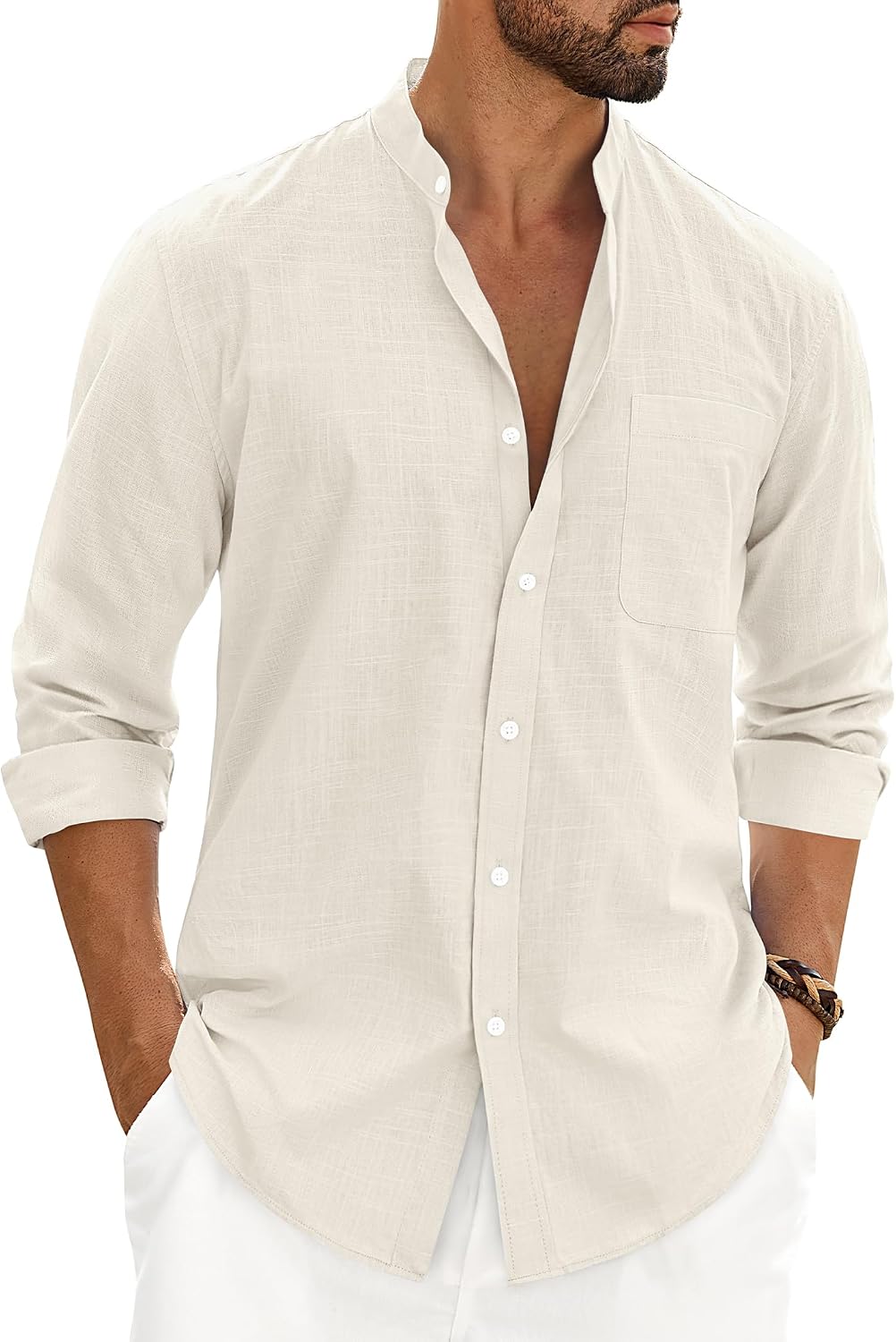 Alimens & Gentle Men's Cotton Linen Shirts Long Sleeve Button Down Shirt Band Collar Beach Shirts Creamy White