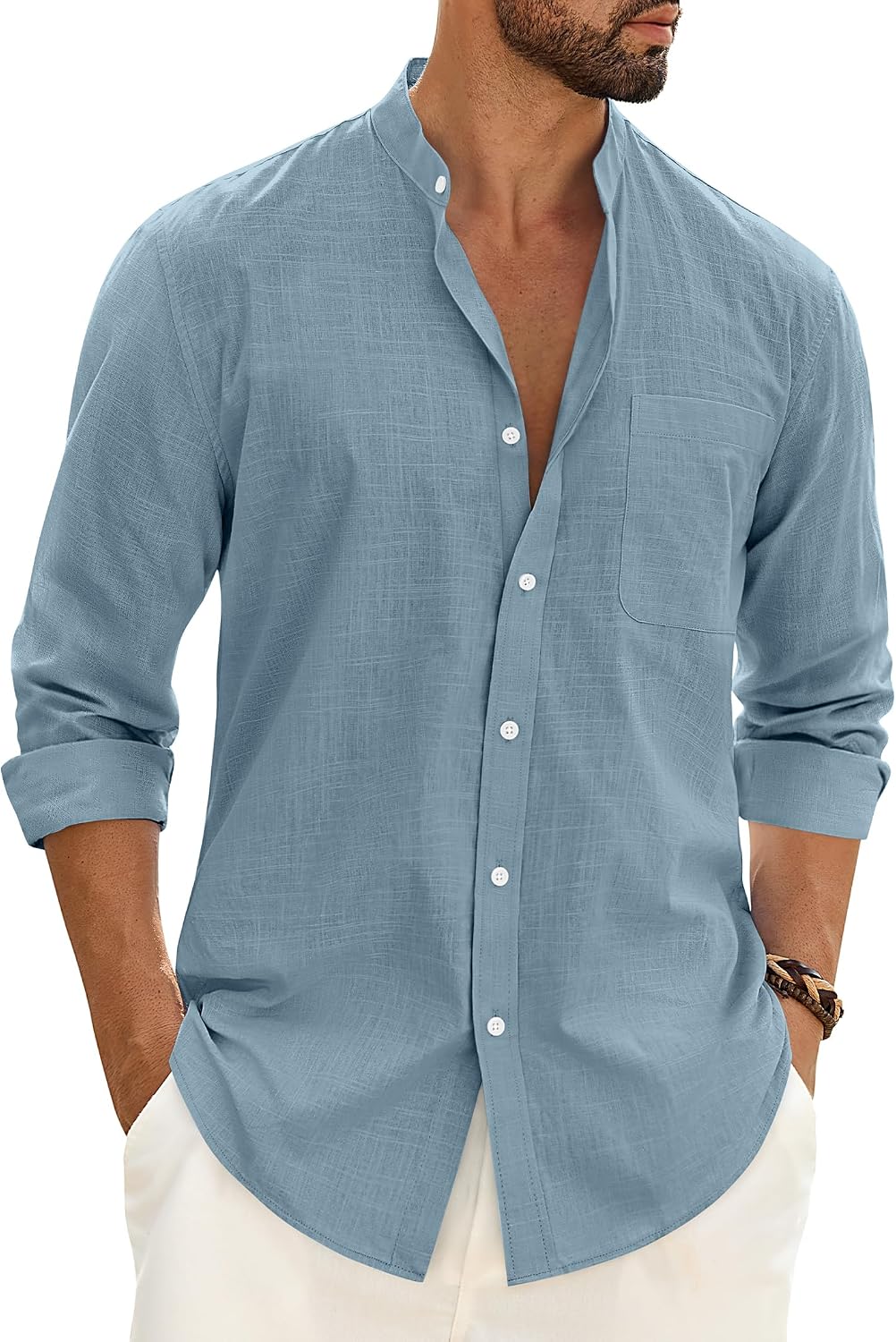 Alimens & Gentle Men's Cotton Linen Shirts Long Sleeve Button Down Shirt Band Collar Beach Shirts Gray Mist
