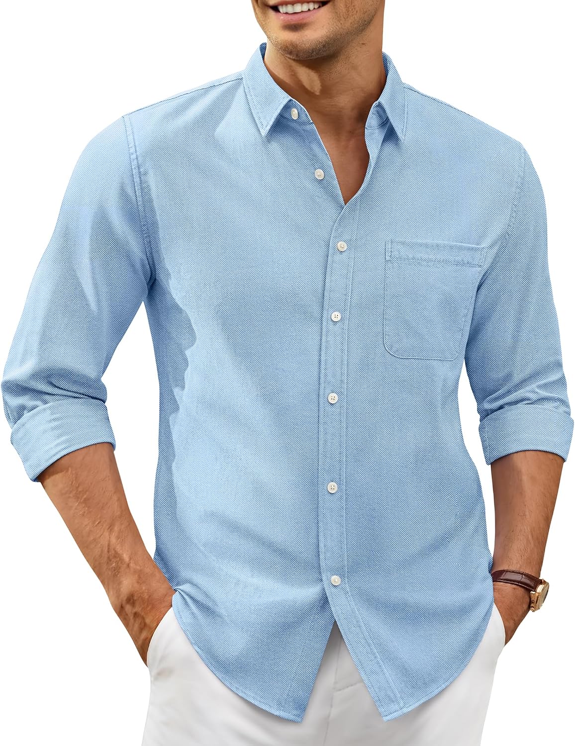 Alimens & Gentle Mens Oxford Shirt Stretch Long Sleeve Button Down Shirts Light Blue