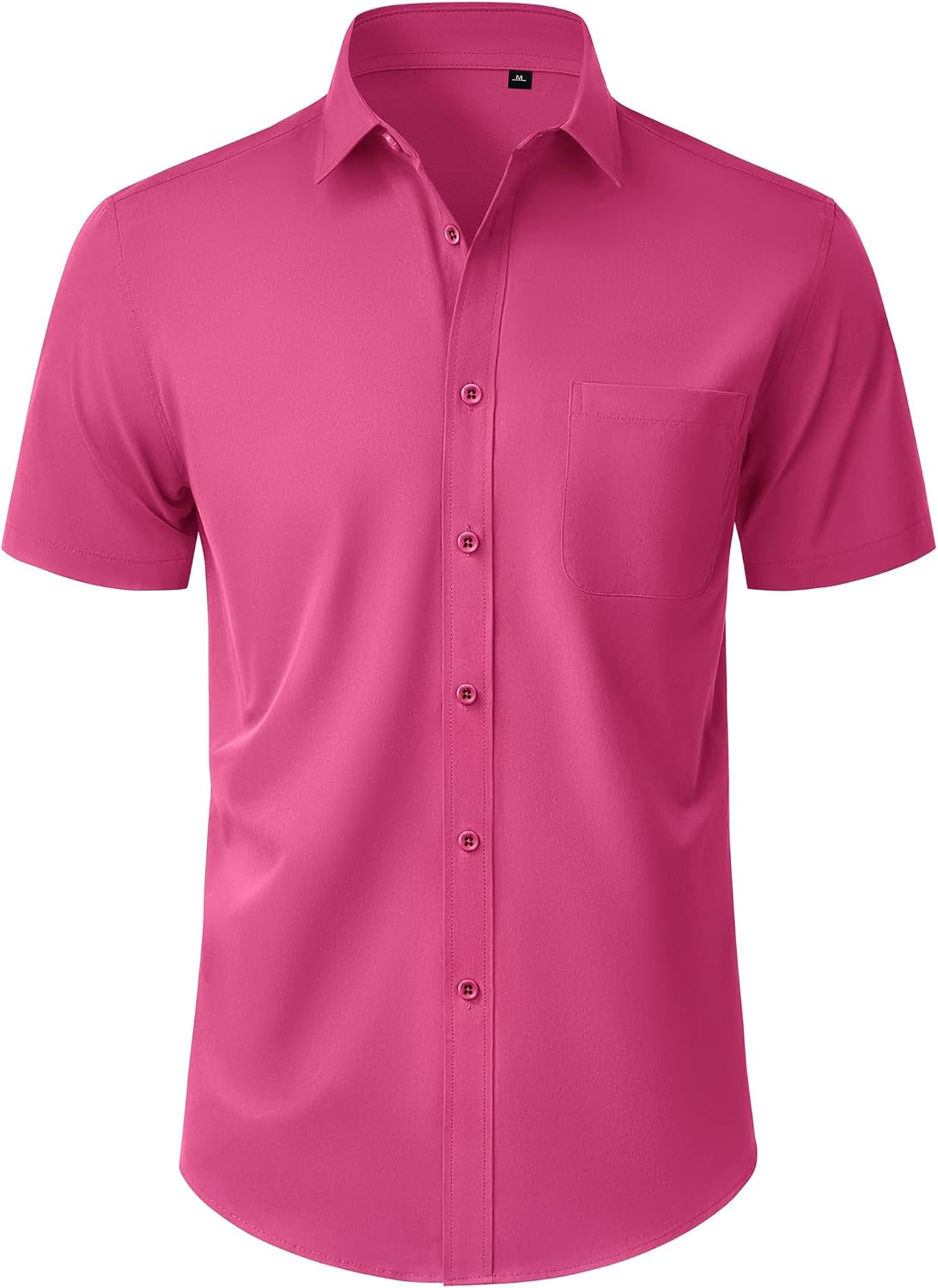 Mens Short Sleeve Dress Shirt Wrinkle Free Button Down Shirt with Pocket Hot Pink