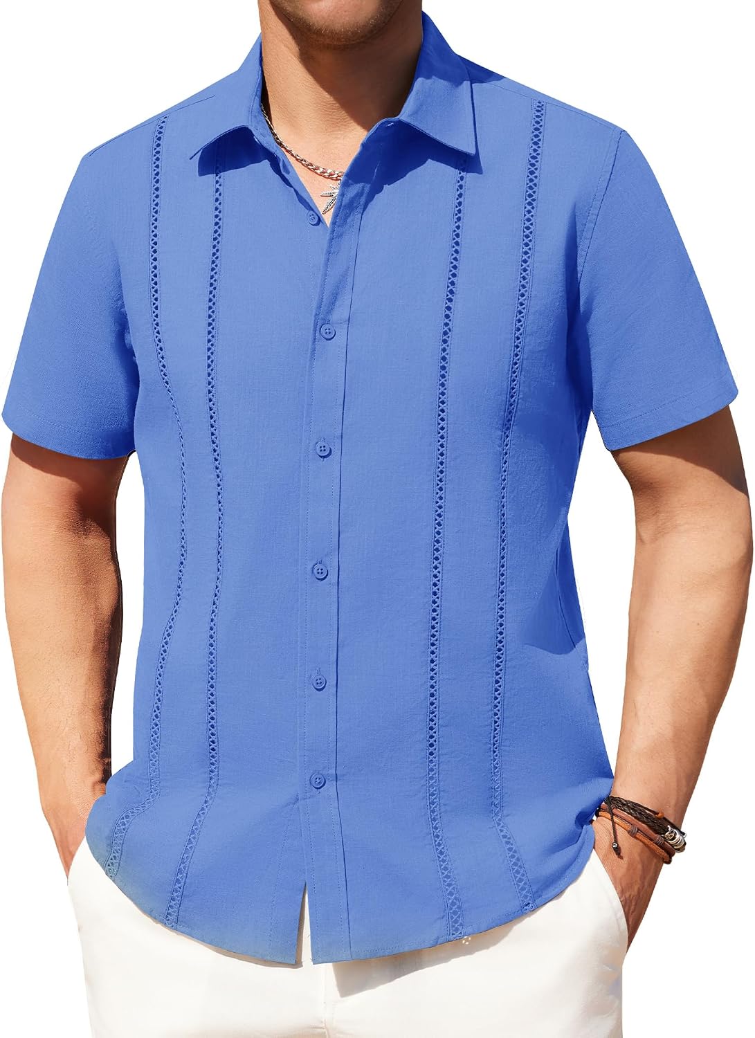 Alimens & Gentle Men's Cuban Guayabera Shirts Cotton Linen Short Sleeve Button Down Shirts Casual Summer Beach Camp Shirt Royal Blue