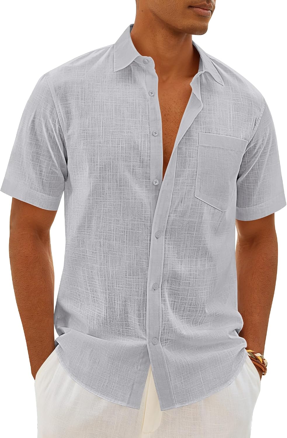 Mens Linen Textured Shirt Cotton Short Sleeve Summer Button Down Shirts Light Grey