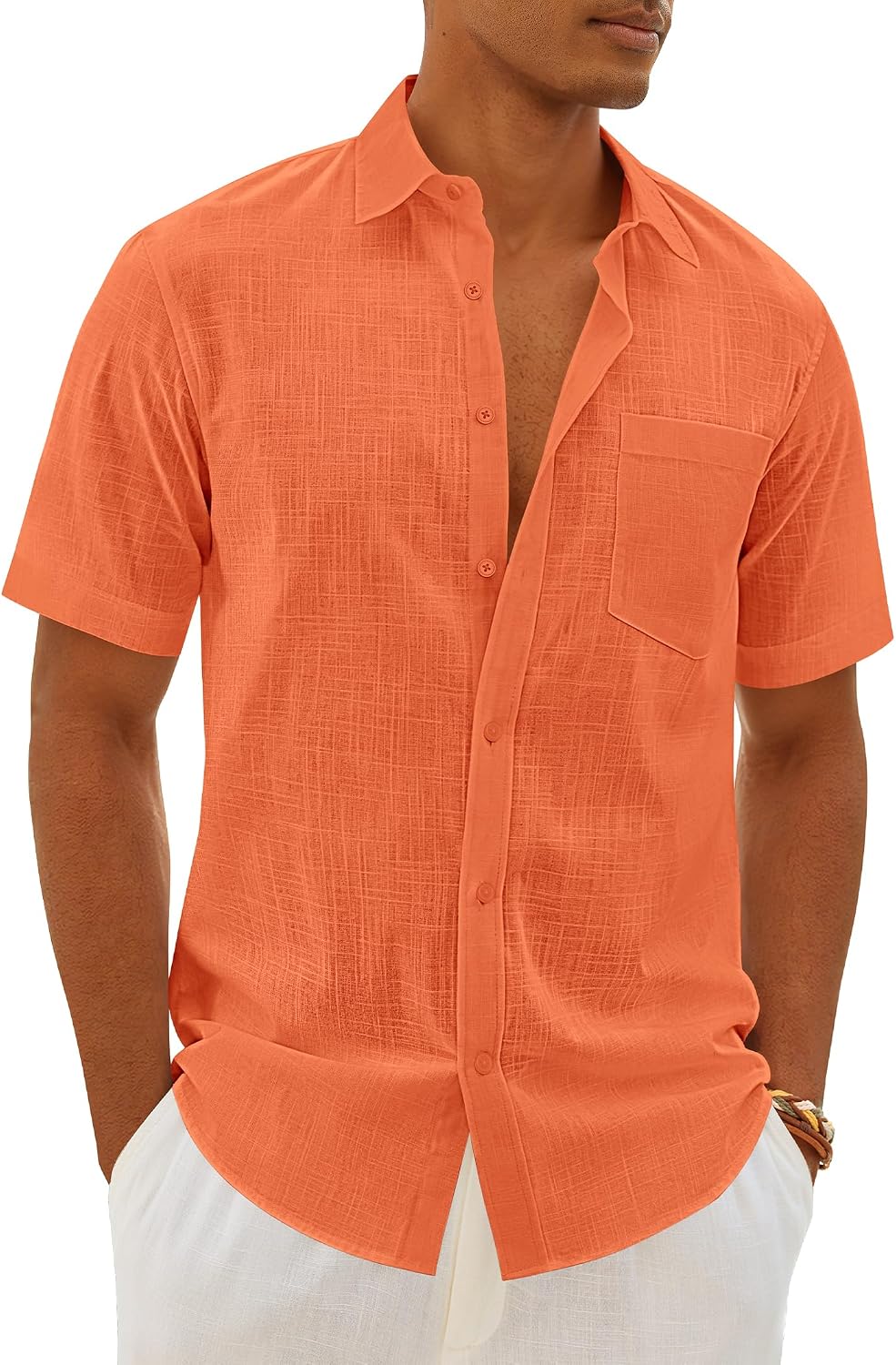 Mens Linen Textured Shirt Cotton Short Sleeve Summer Button Down Shirts Orange