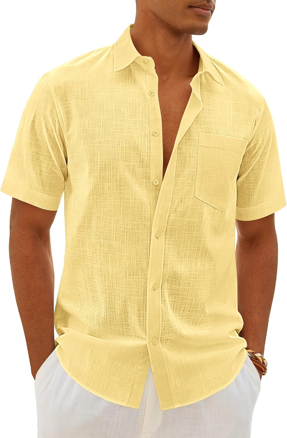 Mens Linen Textured Shirt Cotton Short Sleeve Summer Button Down Shirts Light Yellow