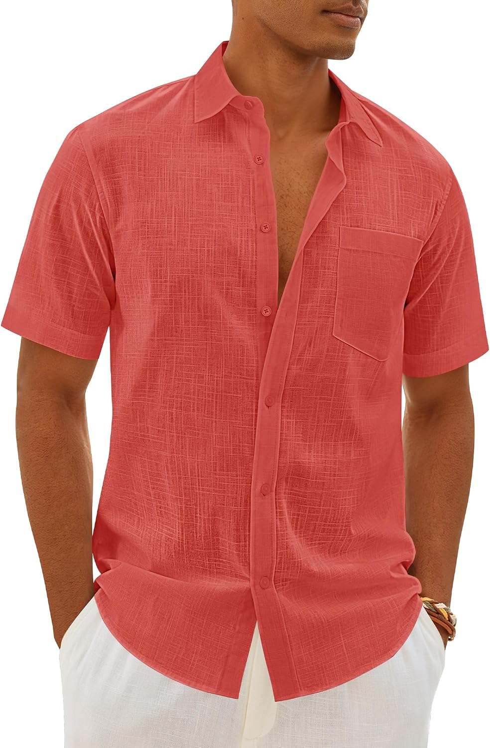 Mens Linen Textured Shirt Cotton Short Sleeve Summer Button Down Shirts