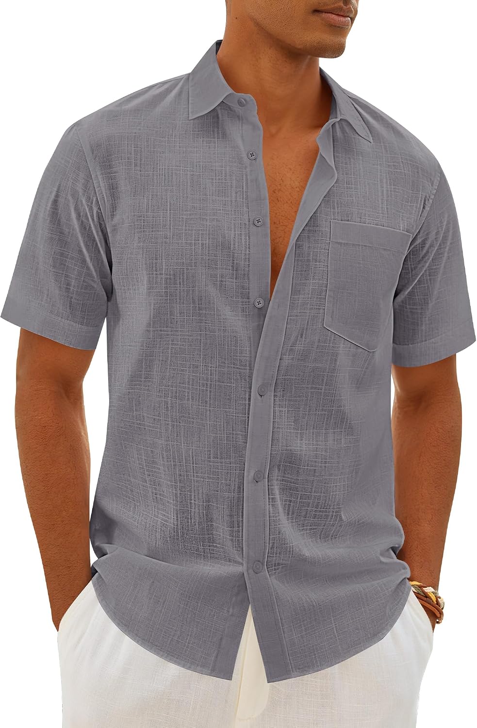 Mens Linen Textured Shirt Cotton Short Sleeve Summer Button Down Shirts Dark Grey