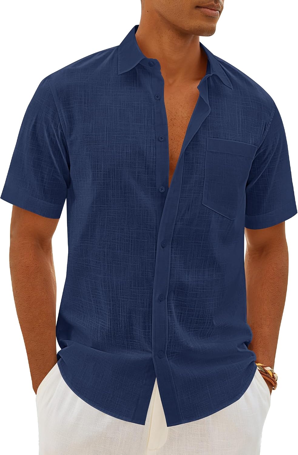 Mens Linen Textured Shirt Cotton Short Sleeve Summer Button Down Shirts Navy Blue