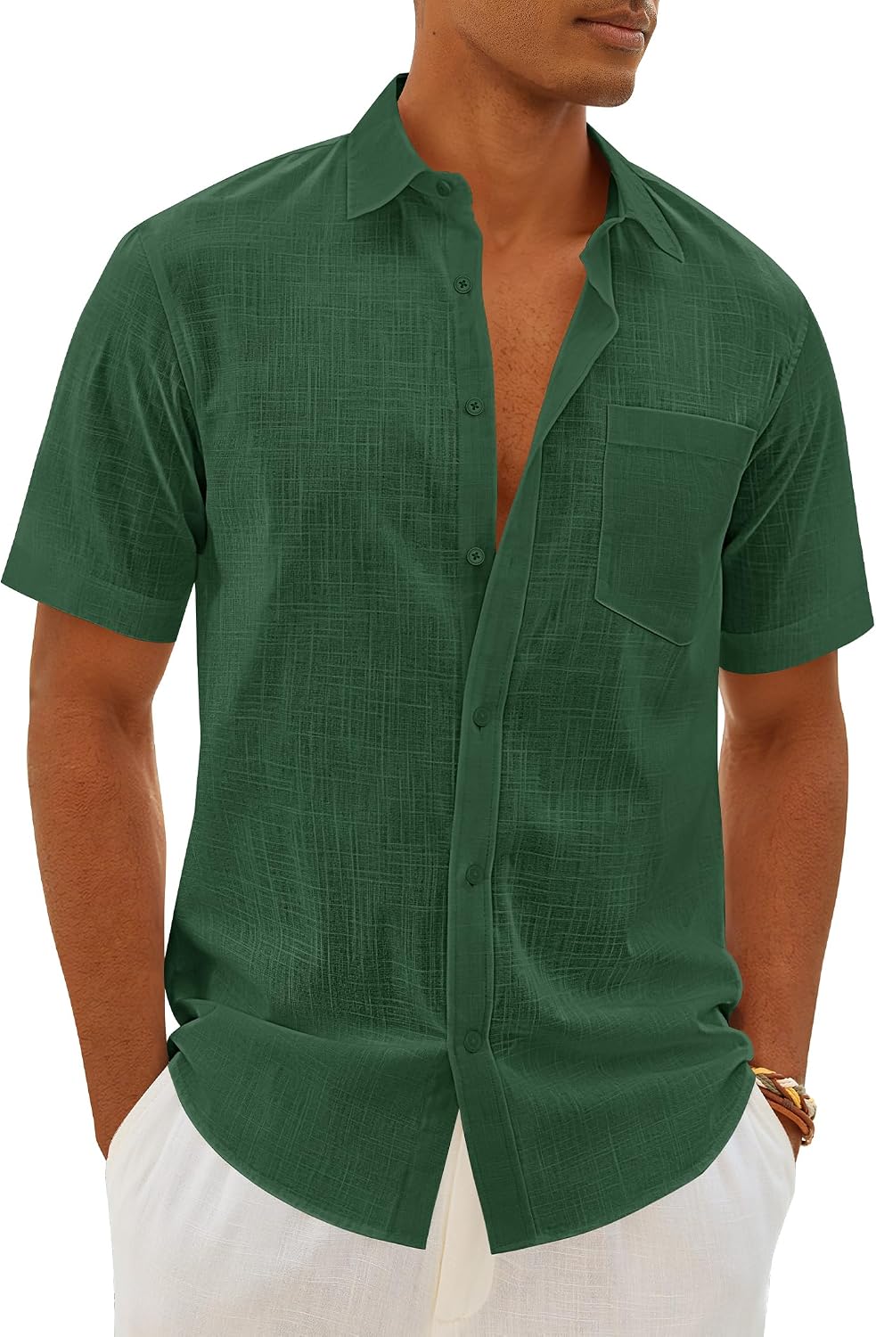 Mens Linen Textured Shirt Cotton Short Sleeve Summer Button Down Shirts Army Green