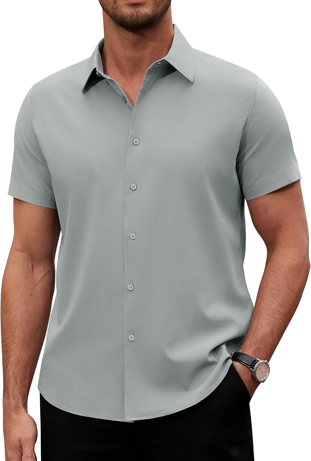 Alimens & Gentle Men's Short Sleeve Dress Shirts Stretch Regular Fit Shirt Casual Button Down Business Shirts Light Grey