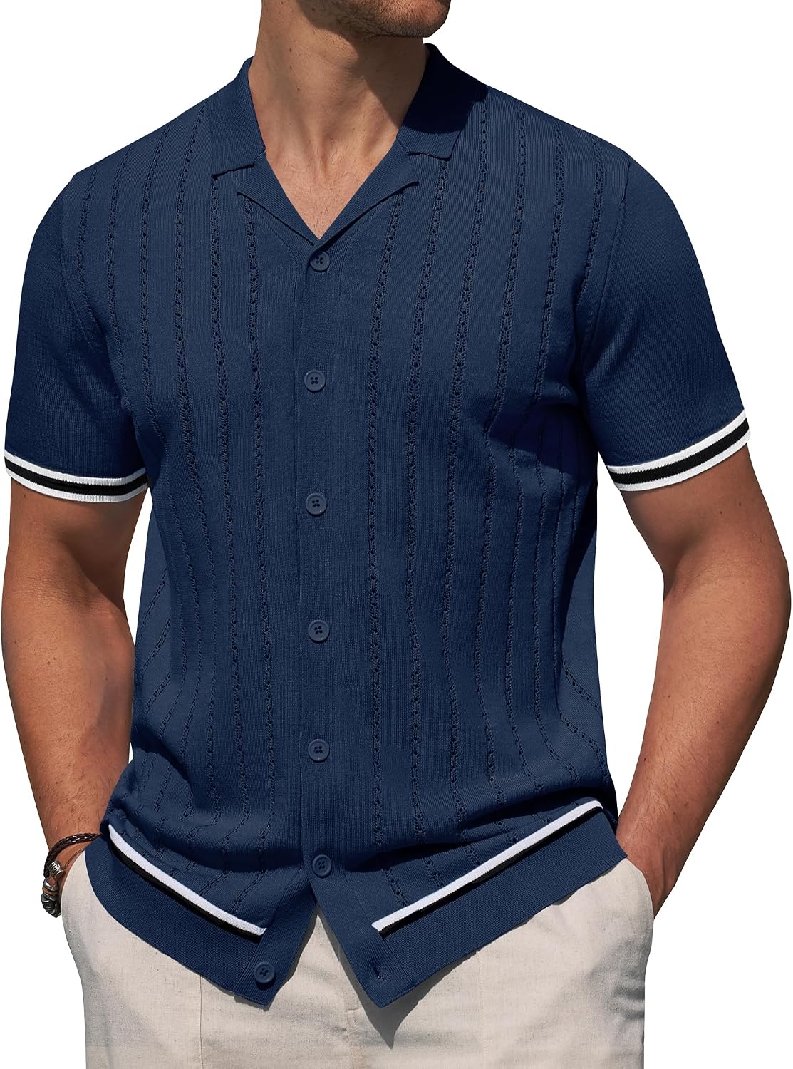 Alimens & Gentle Men's Short Sleeve Button Down Shirts Knit Casual Shirts for Men Vintage Cuban Shirt Striped Knitted Navy Blue